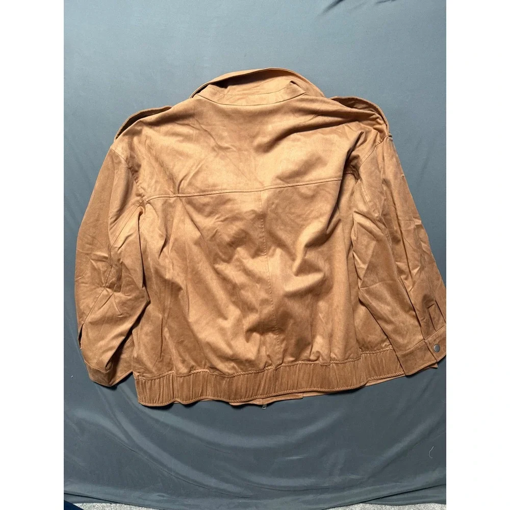 Faux Suede Bomber Jacket Womens Tan Camel Zip Up Utility - Picture 6 of 6